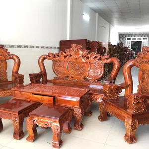 Bộ Bàn Ghế Salon Nghê Đỉnh Tay 14 Gỗ Tràm Bông Vàng